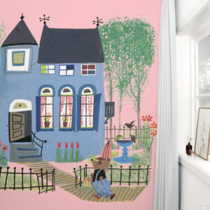 Kek fotobehang Fiep Westendorp Bear with Blue House Pink