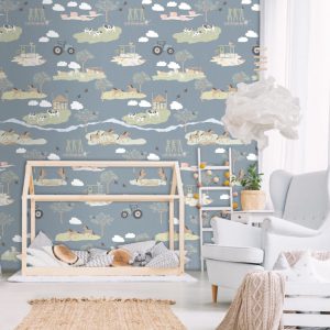 Fotobehang On the Farm Blue/Paarden/Koeien/Kinderkamer Behang