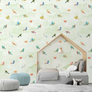 Fotobehang Fun Birds Green/Vogels/Dieren/Kinderkamer Behang