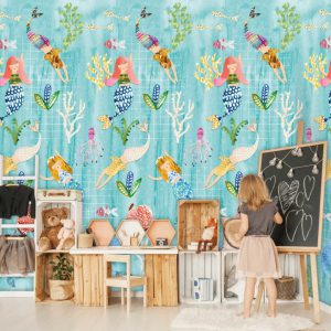 Fotobehang Mermaids Play/Zeemeermin/Koraal/Kinderkamer Behang