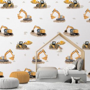 Fotobehang  Let's Dig/Graafmachine/Laadwagen/Sjofels/Werkvoertuigen/Kinderkamer Behang