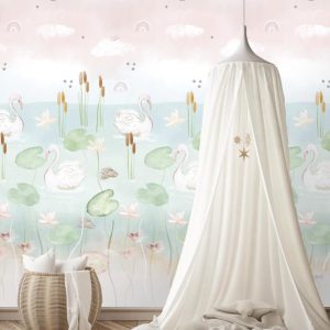 Fotobehang Swan Pond Pink/Zwanen/Vijver/Dieren/Kinderkamer Behang