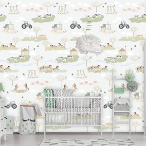 Fotobehang On the Farm Off-white/Dieren/Paarden/Koeien/Kinderkamer Behang