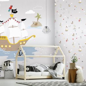 Fotobehang Pirates Grey/Piratenschip/Zee/Rovers/Papegaai/Kinderkamer Behang