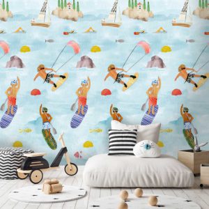 Fotobehang Summer Sea/Zee/Surfplank/Mensen/Eiland/Vissen/Kinderkamer Behang