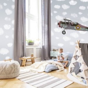 Fotobehang Plane Big/Vliegtuig/Wolken/Kinderkamer Behang