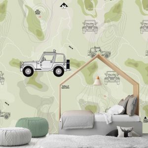Fotobehang  Let's go hiking !/Jeep/Groen/Kinderkamer behang