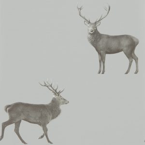Sanderson behang Elysian Deer met hertjes zilvergrijs