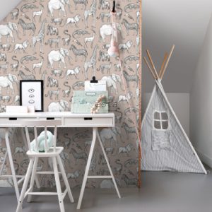 Esta behang Bosdieren  met Jungledieren  oudroze/grijs 139271