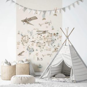 Kids Walls fotobehang met wereldkaart beige vliegtuigen